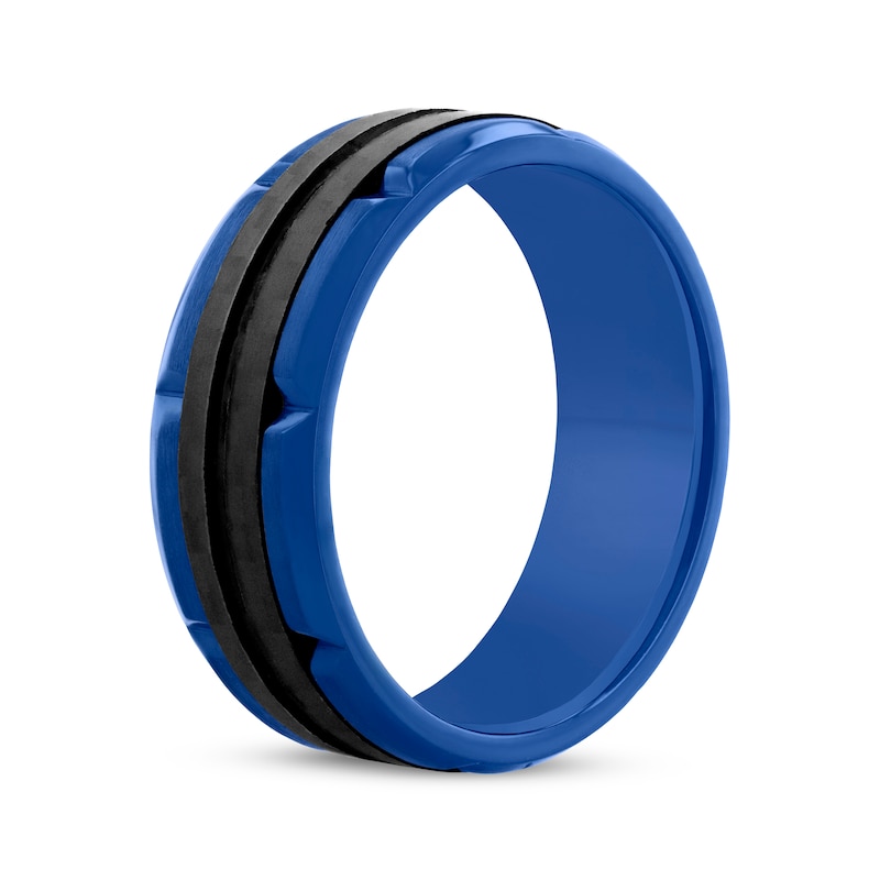 Brick-Edge Wedding Band Black & Blue Ion-Plated Stainless Steel 8mm