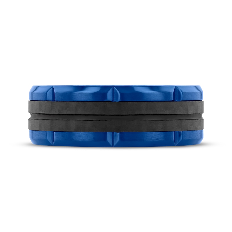 Brick-Edge Wedding Band Black & Blue Ion-Plated Stainless Steel 8mm