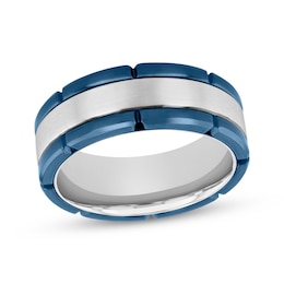 Brick-Edge Wedding Band Stainless Steel & Blue Ion Plating 8mm