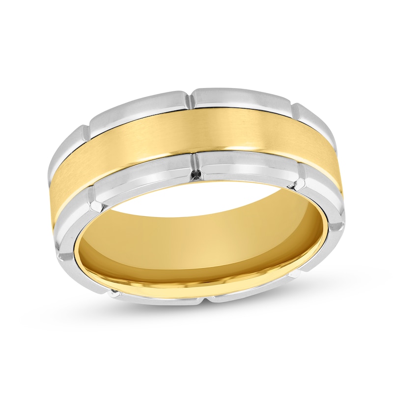 Main Image 1 of Brick-Edge Wedding Band Stainless Steel & Yellow Ion-Plating 8mm