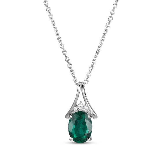 Oval-Cut Lab-Created Emerald & White Lab-Created Sapphire Necklace Sterling Silver 18"
