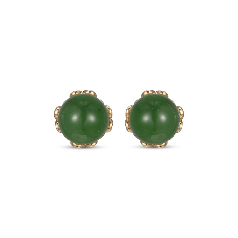 Round Nephrite Jade & Diamond Flower Stud Earrings 1/8 ct tw 14K Yellow Gold