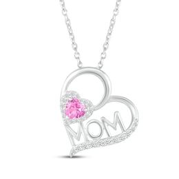 Heart-Shaped Pink Lab-Created Sapphire & White Lab-Created Sapphire &quot;Mom&quot; Heart Necklace Sterling Silver 18&quot;