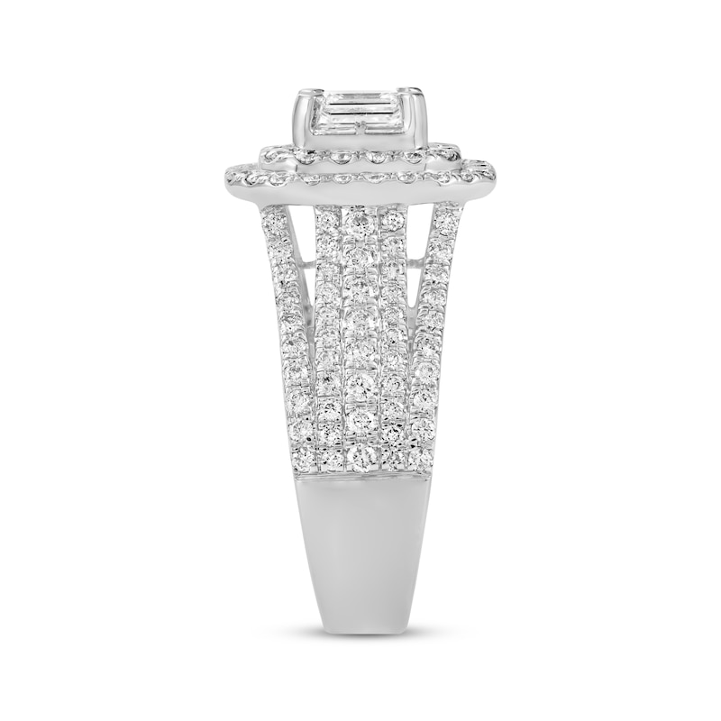 Main Image 3 of Emerald-Cut Diamond Double Halo Engagement Ring 1-1/2 ct tw 14K White Gold