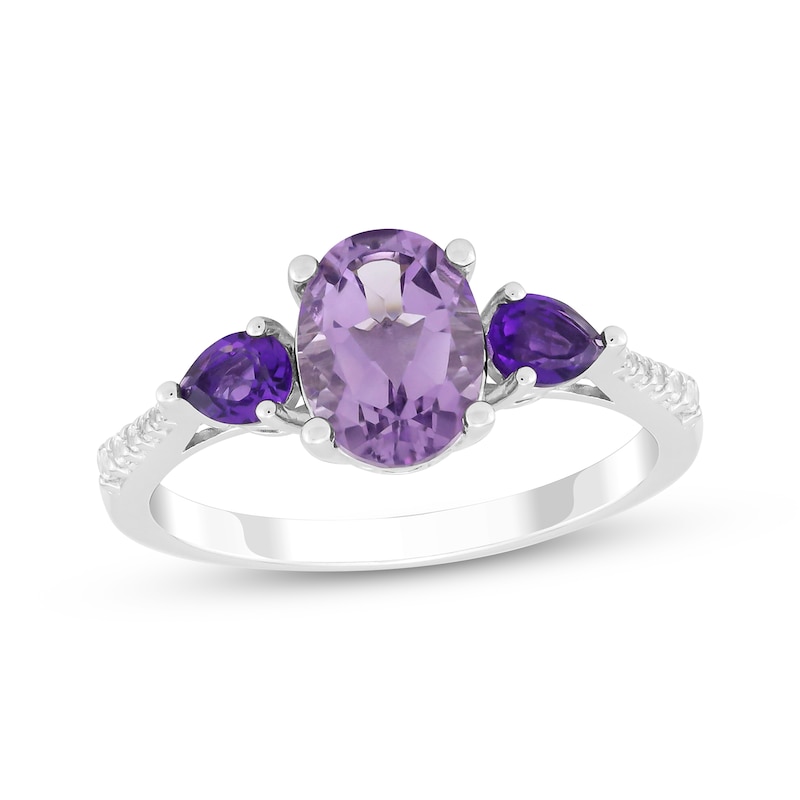 Main Image 1 of Oval-Cut Light Amethyst, Pear-Shaped Amethyst & White Lab-Created Sapphire Ring Sterling Silver