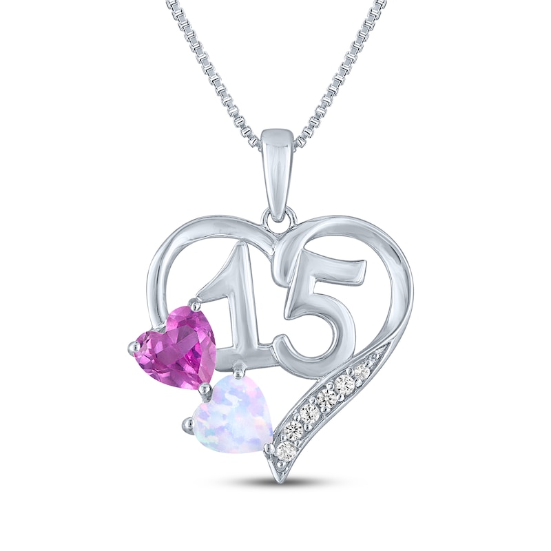 Main Image 1 of Heart-Shaped Lab-Created Opal, White & Pink Lab-Created Sapphire &quot;15&quot; Heart Necklace Sterling Silver 18&quot;