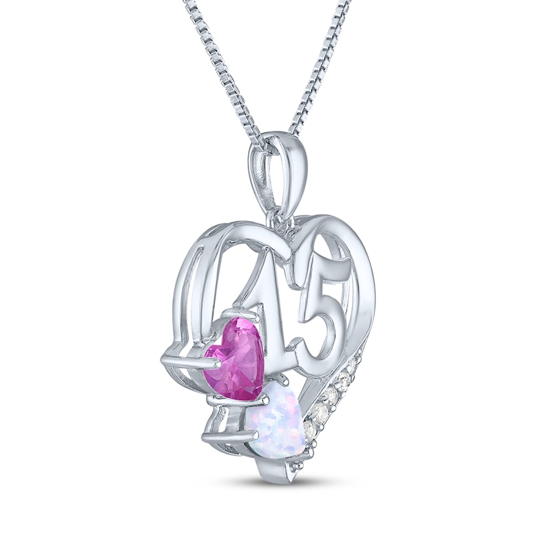 Main Image 2 of Heart-Shaped Lab-Created Opal, White & Pink Lab-Created Sapphire &quot;15&quot; Heart Necklace Sterling Silver 18&quot;