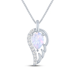 Pear-Shaped Lab-Created Opal & White Lab-Created Sapphire Angel Wing Drop Necklace Sterling Silver 18&quot;