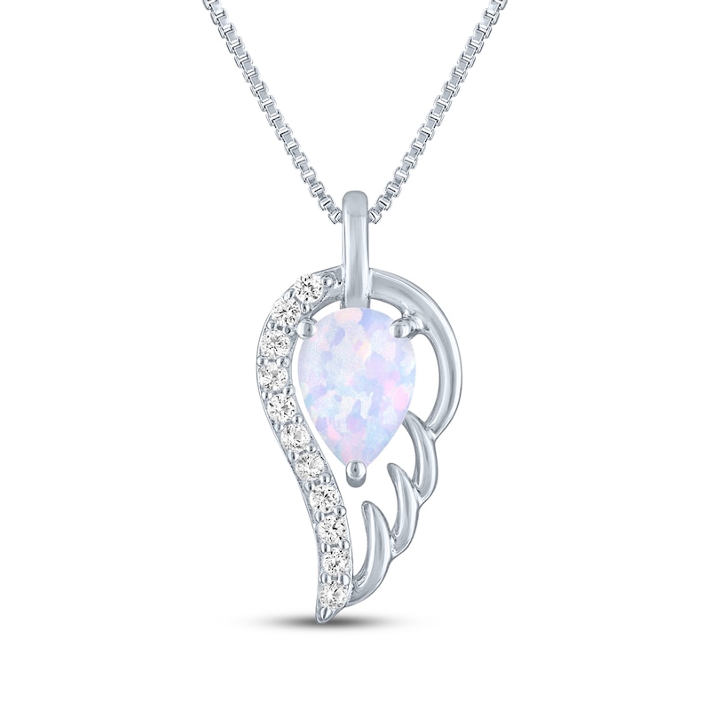 Main Image 1 of Pear-Shaped Lab-Created Opal & White Lab-Created Sapphire Angel Wing Drop Necklace Sterling Silver 18&quot;