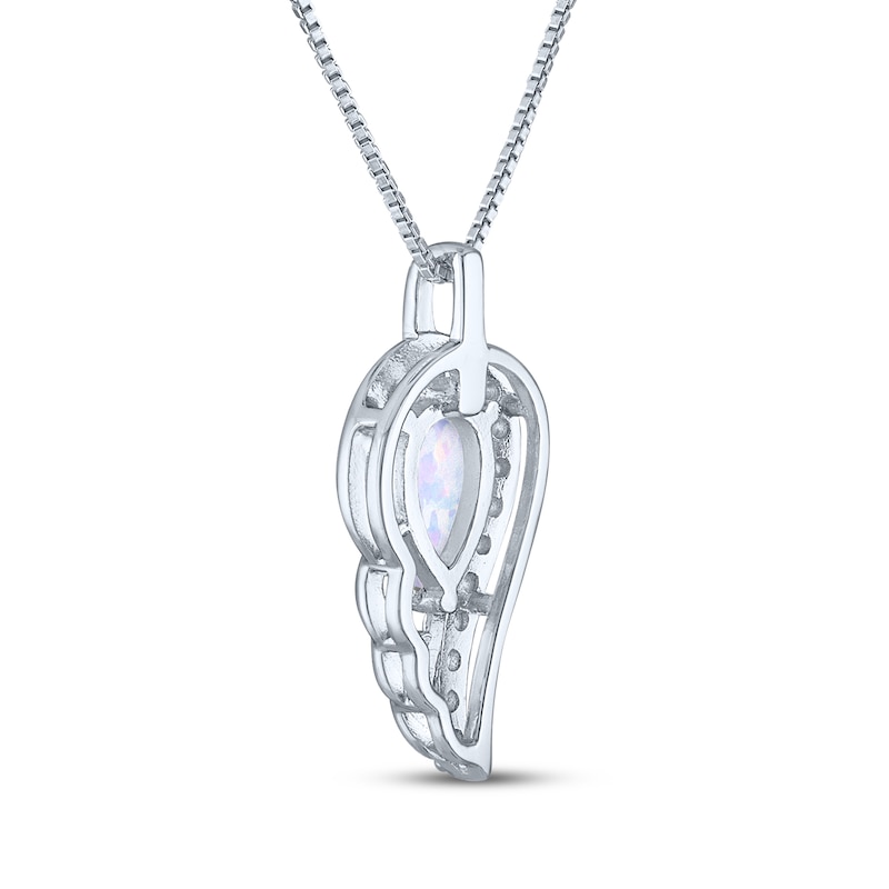 Main Image 3 of Pear-Shaped Lab-Created Opal & White Lab-Created Sapphire Angel Wing Drop Necklace Sterling Silver 18&quot;