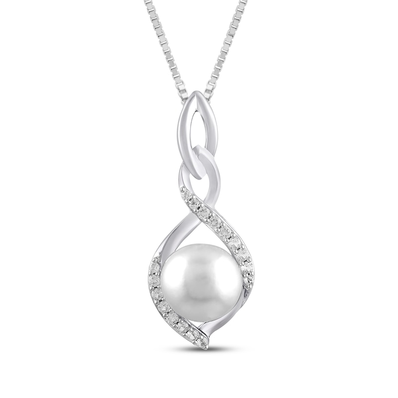 Main Image 1 of Cultured Pearl & White Lab-Created Sapphire Twist Frame Necklace Sterling Silver 18&quot;