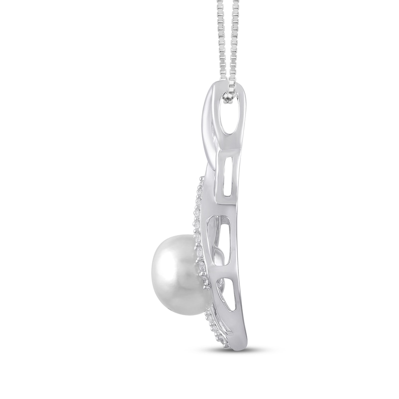 Main Image 2 of Cultured Pearl & White Lab-Created Sapphire Twist Frame Necklace Sterling Silver 18&quot;