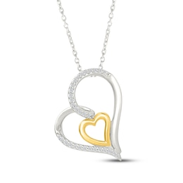 Diamond Loop Double Heart Necklace 1/10 ct tw Sterling Silver & 10K Yellow Gold 18&quot;