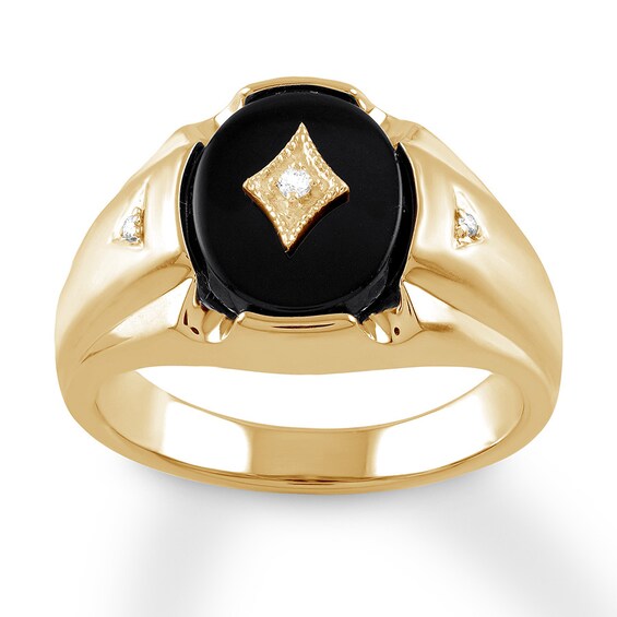 Men S Black Onyx Ring With Diamonds 10k Yellow Gold Kay Outlet