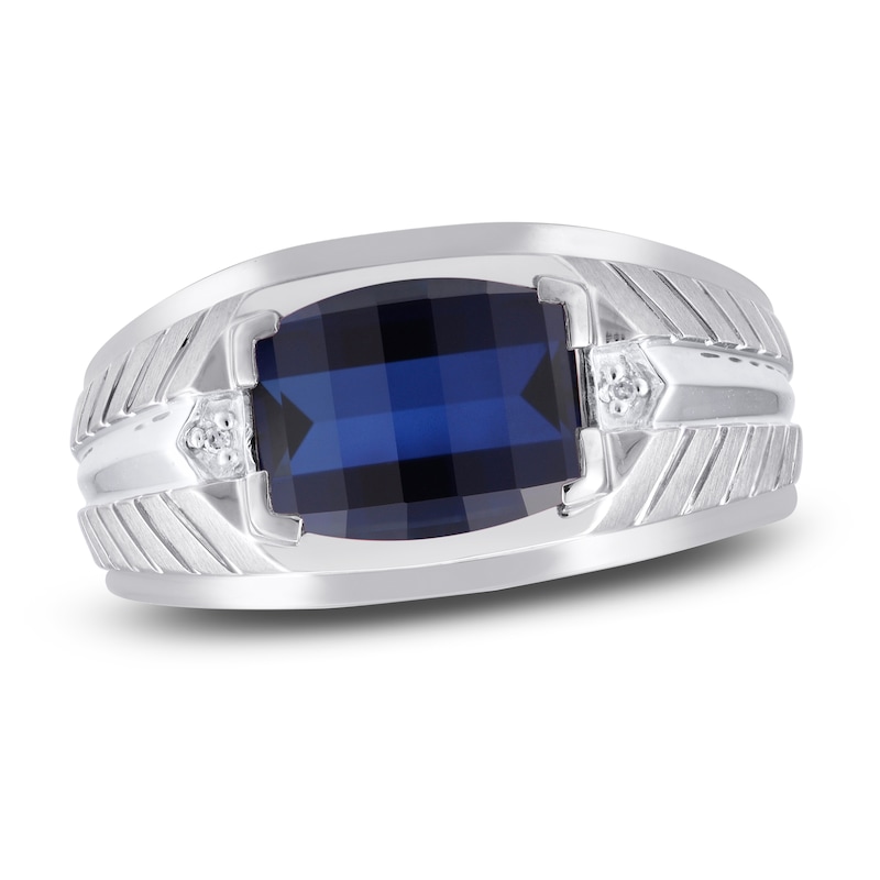 Main Image 1 of Men's Blue Lab-Created Sapphire & Diamond Ring 10K White Gold