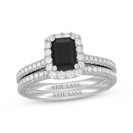 Neil Lane Emerald-Cut Black Diamond & White Diamond Halo Bridal Set 1-5/8 ct tw 14K White Gold