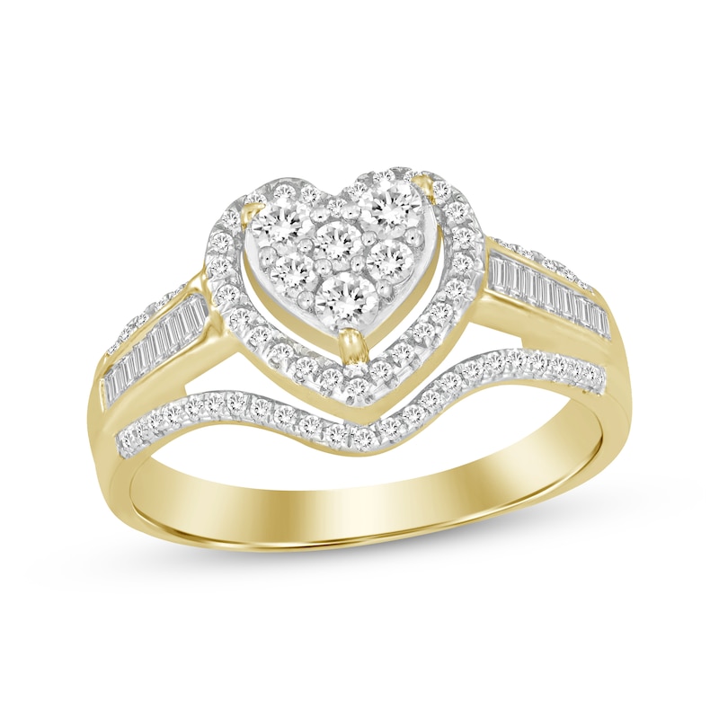 Multi-Diamond Center Heart Frame Engagement Ring 1/2 ct tw 10K Yellow ...