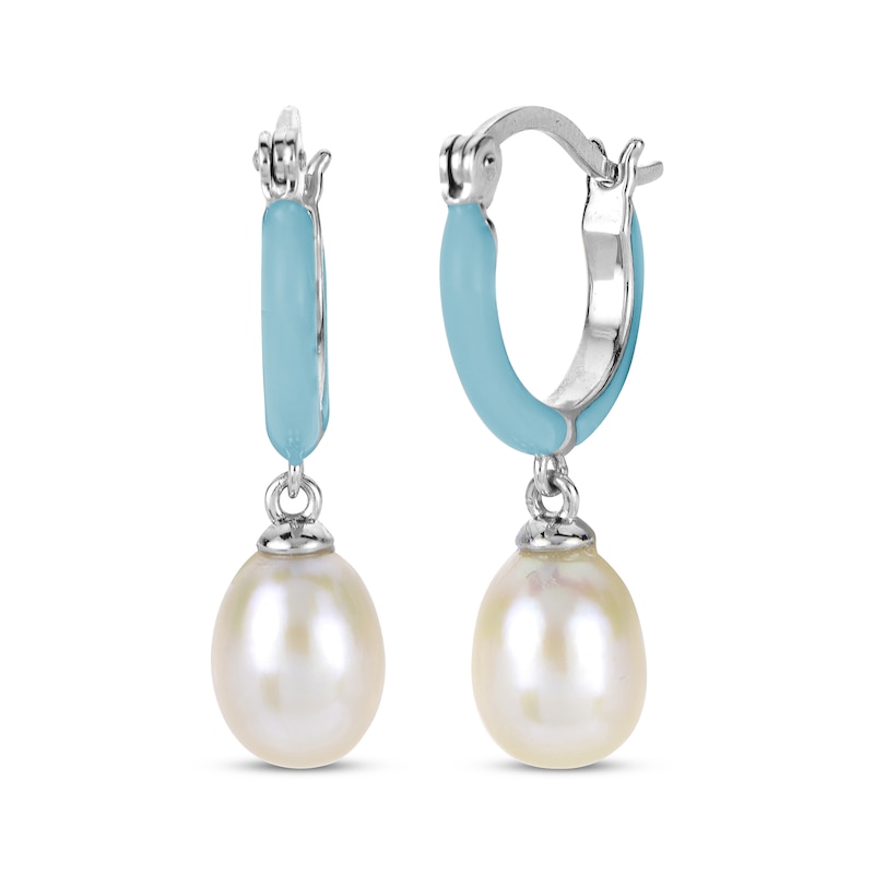 Main Image 1 of Cultured Pearl & Blue Enamel Hoop Drop Earrings Sterling Silver