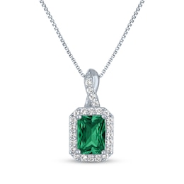 Emerald-Cut Lab-Created Emerald & White Lab-Created Sapphire Necklace Sterling Silver 18&quot;