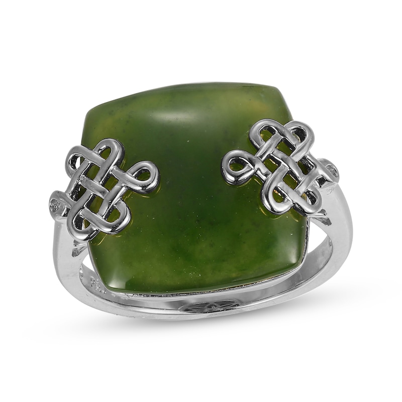 Main Image 1 of Cushion-Shaped Nephrite Jade Lucky Knot Ring Sterling Silver