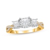 Thumbnail Image 1 of Memories, Moments, Magic Princess-Cut Diamond Halo Three-Stone Engagement Ring 1 ct tw 10K Yellow Gold