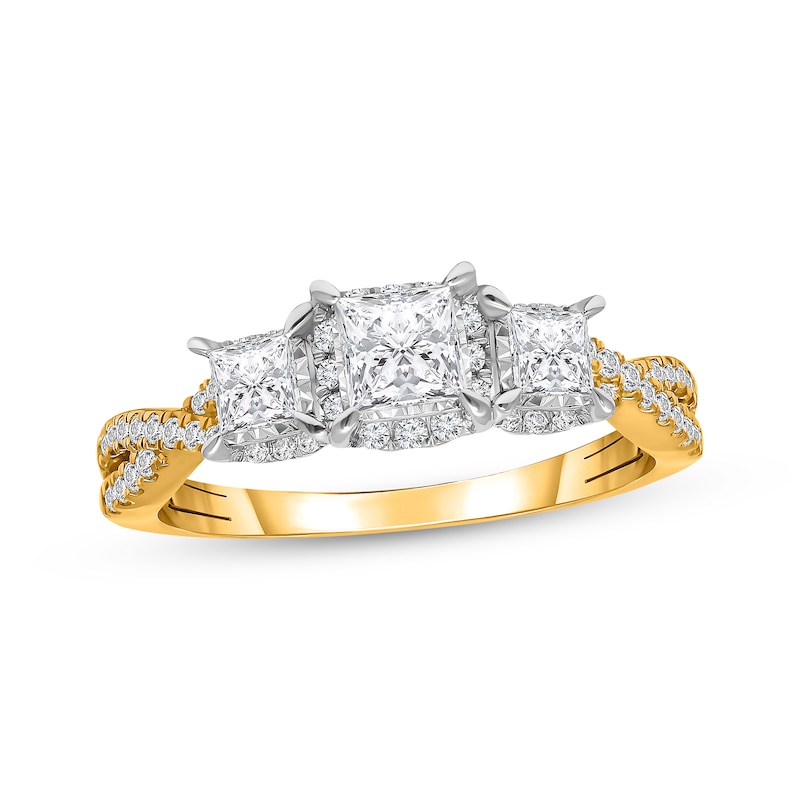 Main Image 1 of Memories, Moments, Magic Princess-Cut Diamond Halo Three-Stone Engagement Ring 1 ct tw 10K Yellow Gold