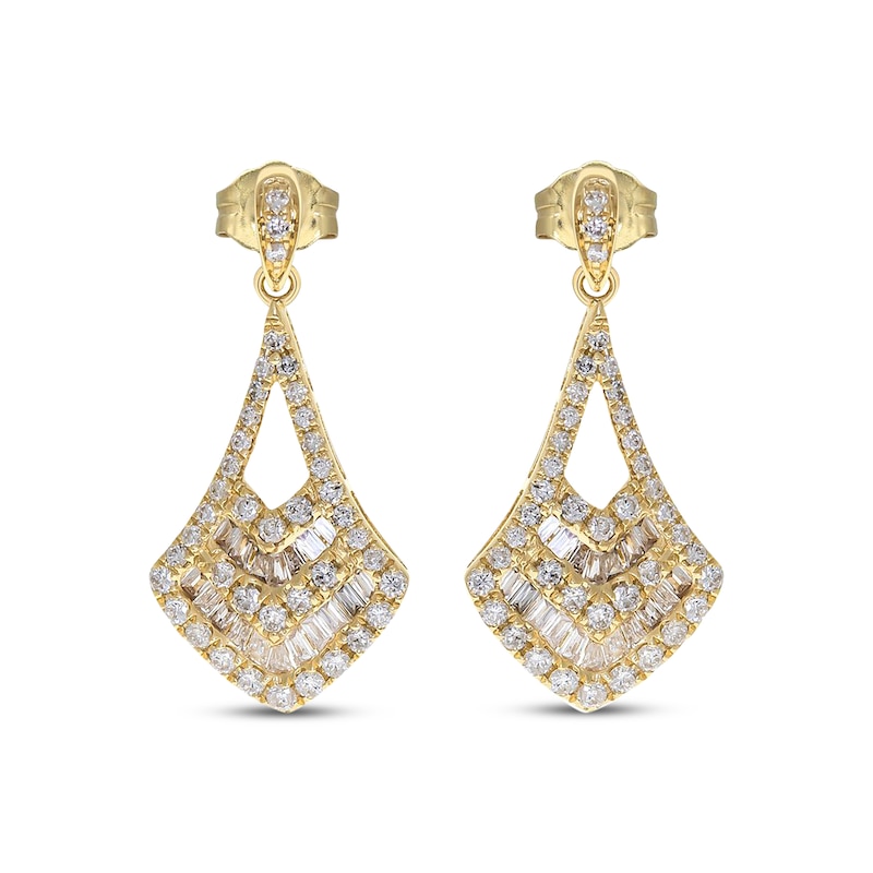 Main Image 2 of Baguette & Round-Cut Multi-Diamond Drop Earrings 5/8 ct tw 14K Yellow Gold