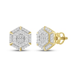 Men's Baguette & Round-Cut Multi-Diamond Hexagon Stud Earrings 1/2 ct tw 10K Yellow Gold