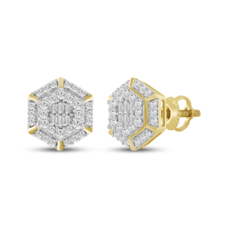 Main Image 1 of Men's Baguette & Round-Cut Multi-Diamond Hexagon Stud Earrings 1/2 ct tw 10K Yellow Gold