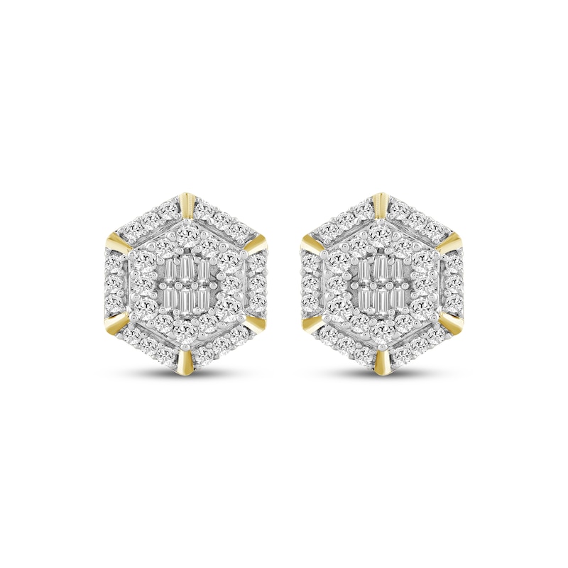 Main Image 2 of Men's Baguette & Round-Cut Multi-Diamond Hexagon Stud Earrings 1/2 ct tw 10K Yellow Gold