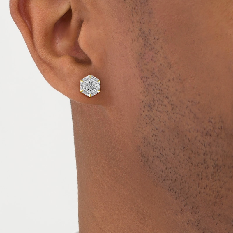 Main Image 3 of Men's Baguette & Round-Cut Multi-Diamond Hexagon Stud Earrings 1/2 ct tw 10K Yellow Gold