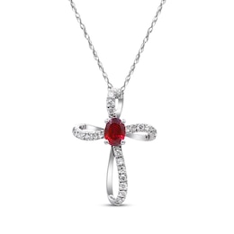 Oval-Cut Garnet & Diamond Looping Cross Necklace 1/10 ct tw 10K White Gold 18&quot;