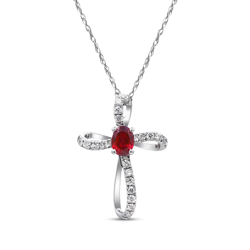 Oval-Cut Garnet & Diamond Looping Cross Necklace 1/10 ct tw 10K White Gold 18"