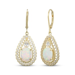 Oval-Cut Lab-Created Opal & White Lab-Created Sapphire Dangle Earrings 18K Yellow Gold-Plated Sterling Silver