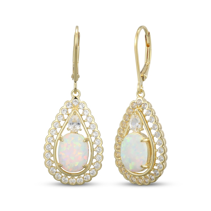 Main Image 1 of Oval-Cut Lab-Created Opal & White Lab-Created Sapphire Dangle Earrings 18K Yellow Gold-Plated Sterling Silver