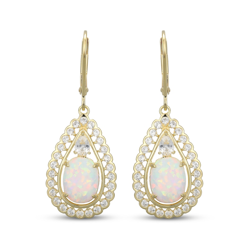 Main Image 2 of Oval-Cut Lab-Created Opal & White Lab-Created Sapphire Dangle Earrings 18K Yellow Gold-Plated Sterling Silver