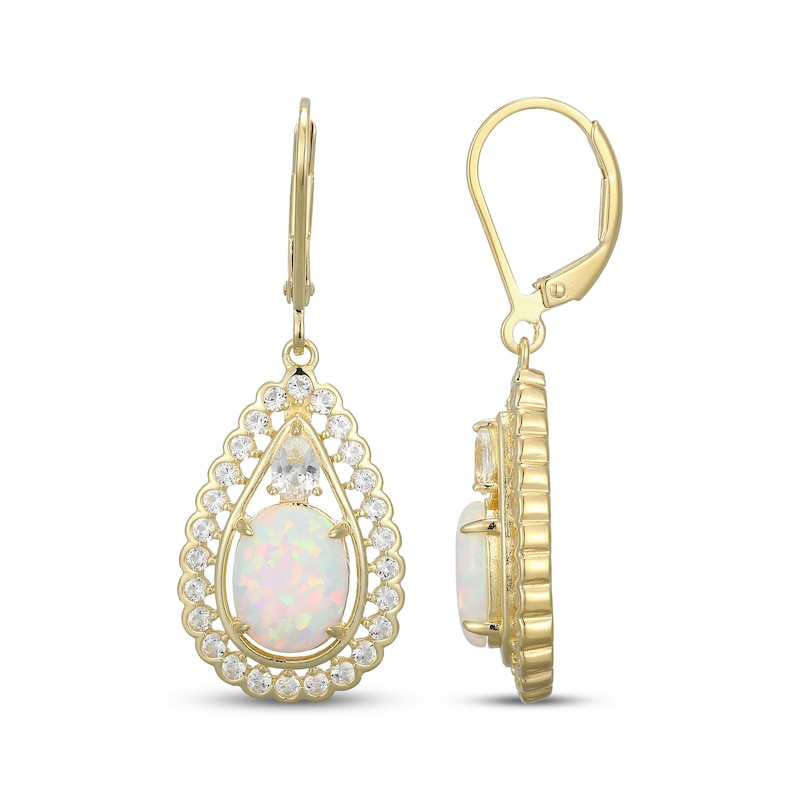 Main Image 3 of Oval-Cut Lab-Created Opal & White Lab-Created Sapphire Dangle Earrings 18K Yellow Gold-Plated Sterling Silver