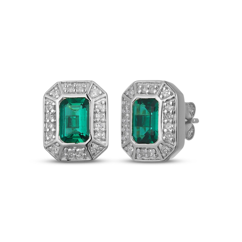 Main Image 1 of Men's Emerald-Cut Emerald & Diamond Frame Stud Earrings 1/5 ct tw 10K White Gold