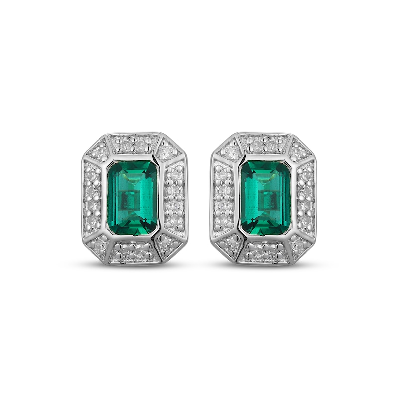 Main Image 2 of Men's Emerald-Cut Emerald & Diamond Frame Stud Earrings 1/5 ct tw 10K White Gold