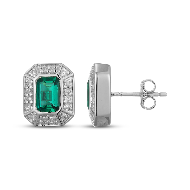 Main Image 3 of Men's Emerald-Cut Emerald & Diamond Frame Stud Earrings 1/5 ct tw 10K White Gold