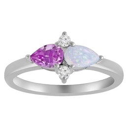 East West Pear Birthstone Couple's Ring (2 Stones and Lines)