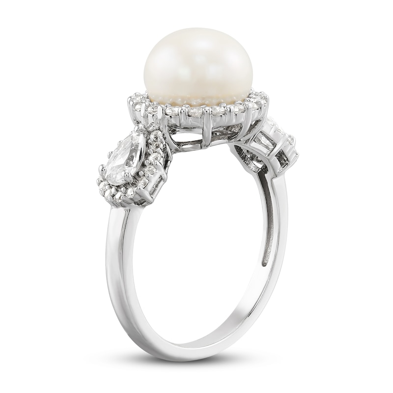 Main Image 2 of Cultured Pearl & White Lab-Created Sapphire Ring Sterling Silver