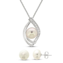 Cultured Pearl & White Lab-Created Sapphire Boxed Set Sterling Silver