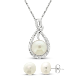 Cultured Pearl & White Lab-Created Sapphire Boxed Set Sterling Silver