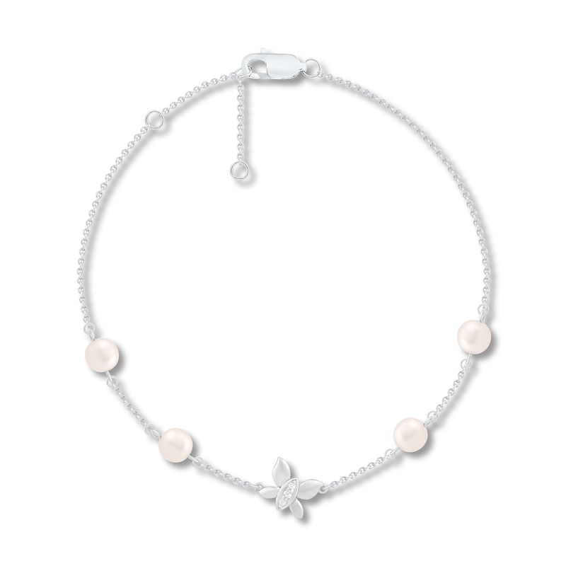 Cultured Pearl & Diamond Bracelet Sterling Silver 7.5"