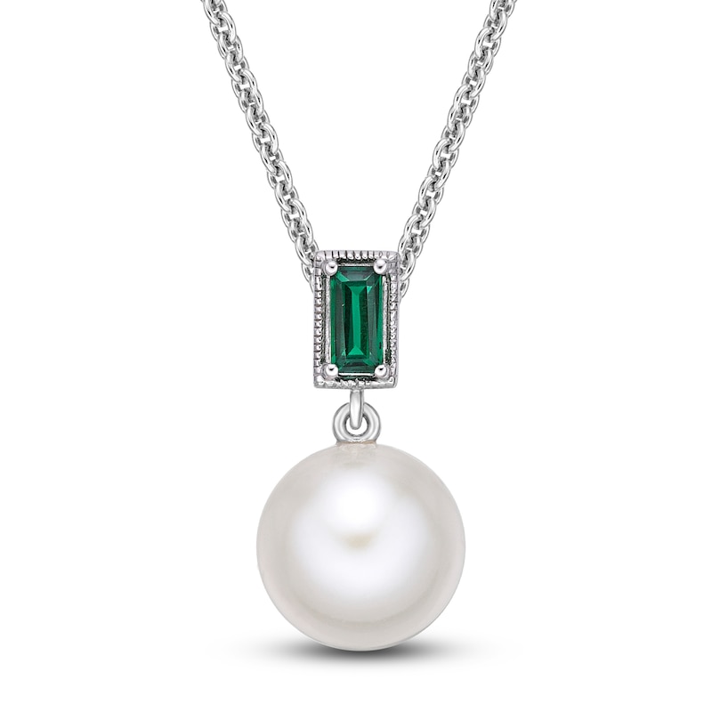 Main Image 1 of Cultured Pearl & Lab-Created Emerald Necklace Sterling Silver 18&quot;