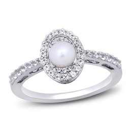 Cultured Pearl & White Lab-Created Sapphire Ring Sterling Silver