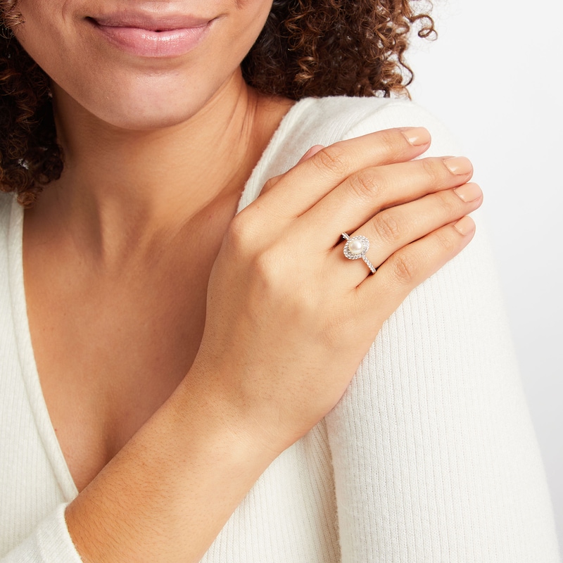 Main Image 2 of Cultured Pearl & White Lab-Created Sapphire Ring Sterling Silver