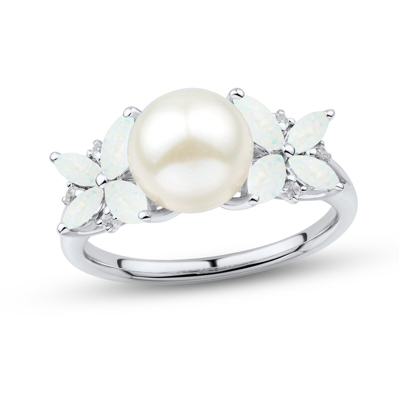 Cultured Pearl, Lab-Created Opal & White Lab-Created Sapphire Ring ...