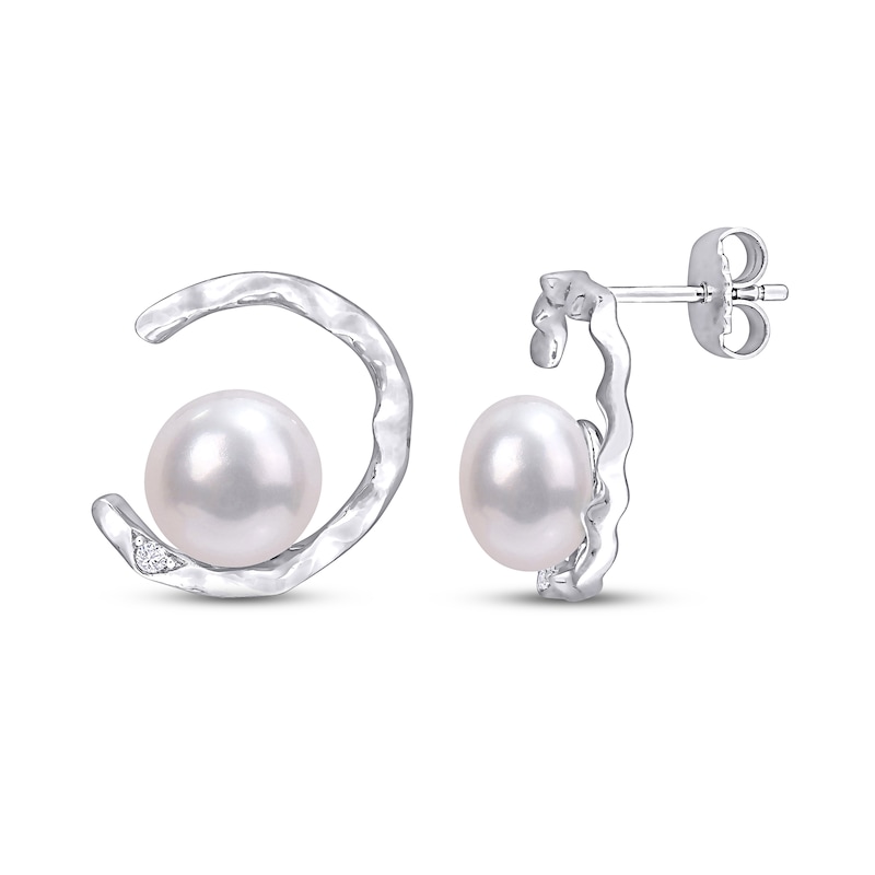 Main Image 1 of Cultured Pearl & White Lab-Created Sapphire Earrings Sterling Silver